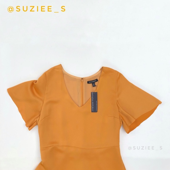 Banana Republic Midi Dress Satin Yellow Flutter Sleeve Flounce Hem 10 NWT - Picture 8 of 15